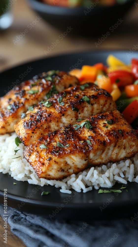 A delicious plate of blackened catfish on rice. A delicious plate of blackened catfish on rice.