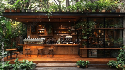 Serene Cafe Surrounded by Lush Greenery and Wood Elements