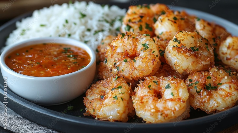 Delicious coconut shrimp served with rice.