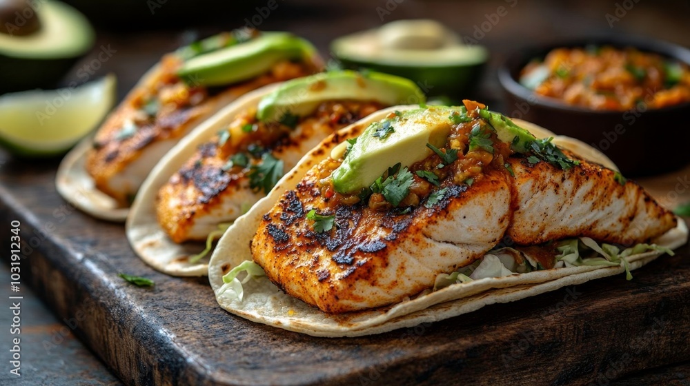 Delicious fish tacos topped with avocado. Delicious fish tacos topped with avocado.