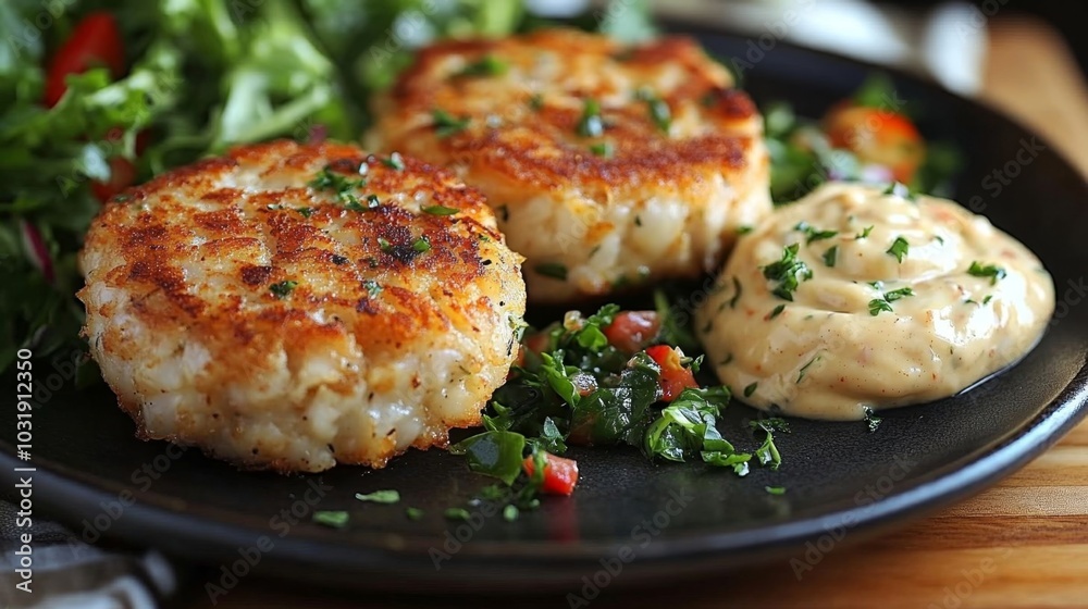 Delicious crab cakes served with salad. Delicious crab cakes served with salad.