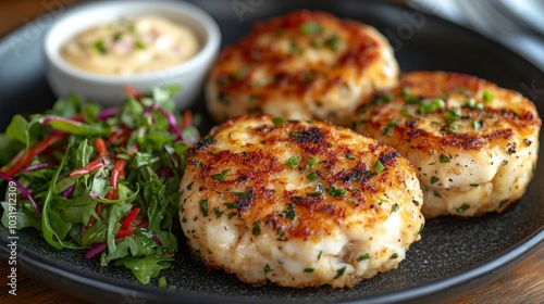 Delicious crab cakes served with greens.