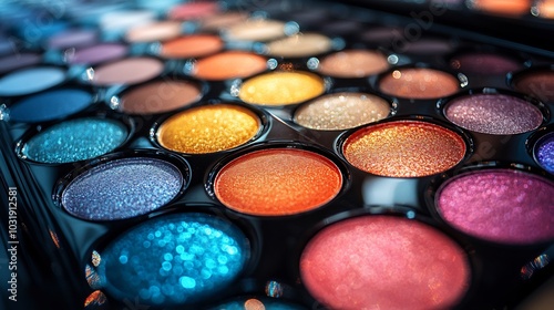 Makeup closeup display of sparkling eyeshadows bold lip glosses radiant highlighters arranged a dynamic fan pattern on a reflective glass surface with dramatic highcontrast lighting photo