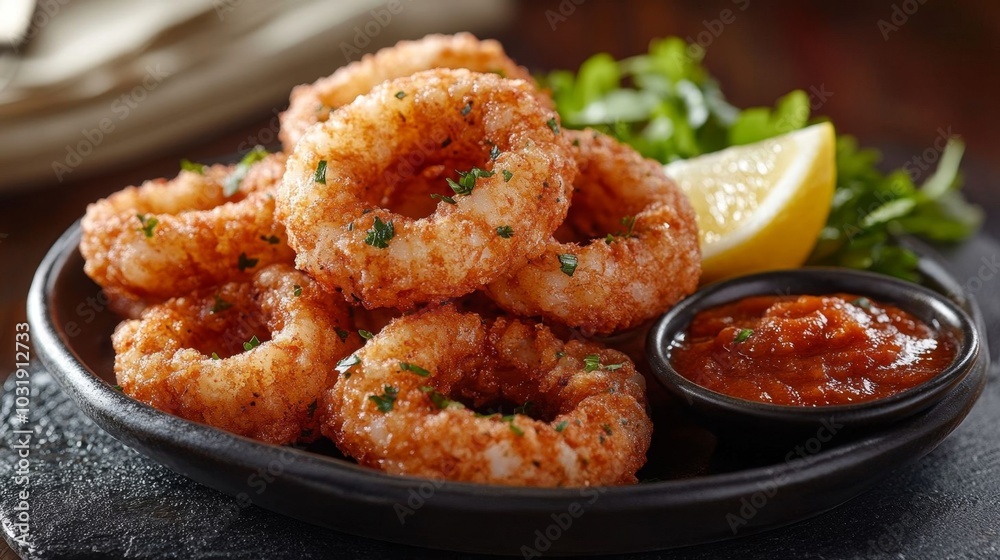 Crispy fried calamari served with lemon. Crispy fried calamari served with lemon.