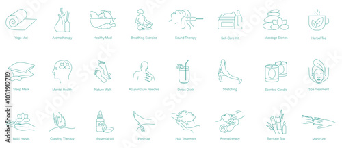 Yoga Mat, Aromatherapy, Healthy Meal, Breathing Exercises, Sound Therapy, Self-Care Kit, Massage Stone, Herbal Tea, Sleep Mask, Mental Health, Nature Walk, Acupuncture, Detox Drink, Stretching icons