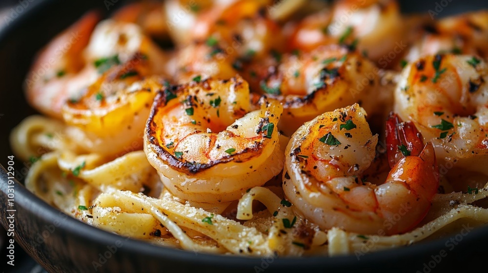 Delicious garlic butter shrimp over pasta. Delicious garlic butter shrimp over pasta.