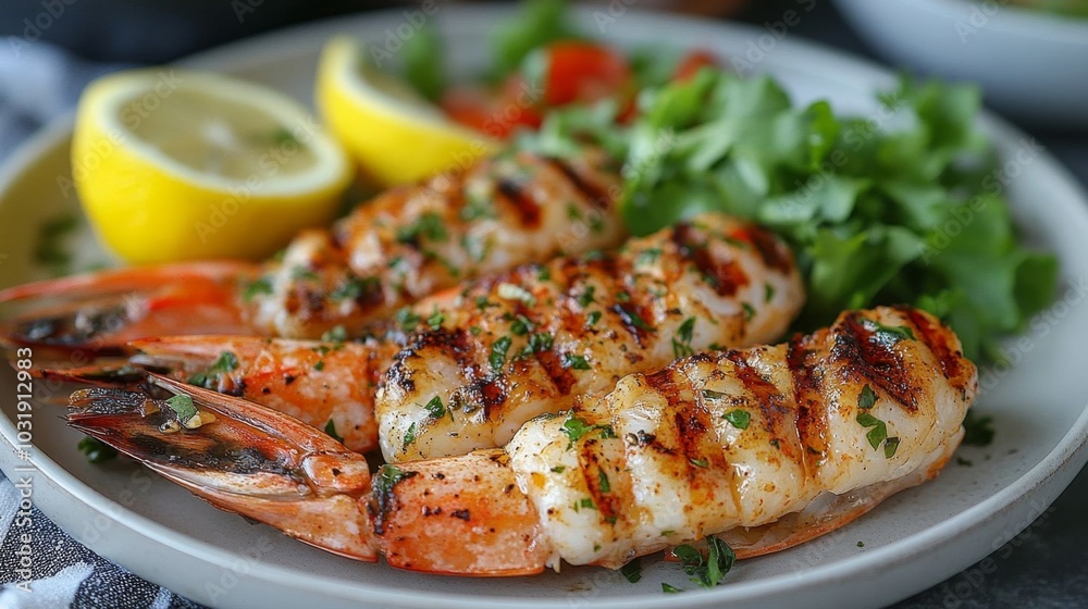 Grilled langoustines served with lemon and salad. Grilled langoustines served with lemon and salad.