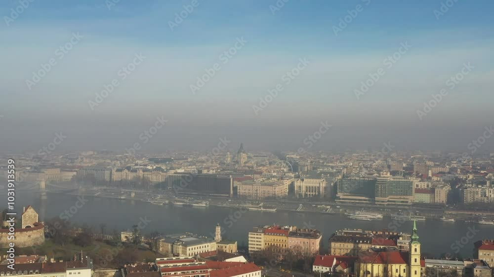 a flight over Budapest city centre on a foggy day a flight over Budapest city centre on a foggy day