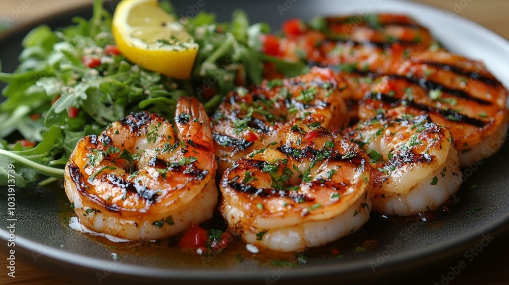 Delicious grilled prawns with lemon and salad. Delicious grilled prawns with lemon and salad.