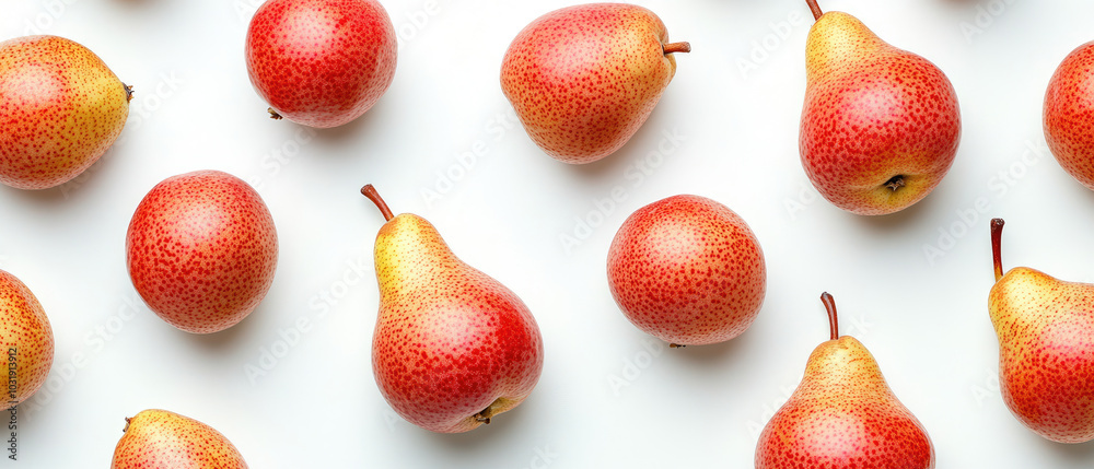 Top view of Pears fruits scattered in random positions on a white background Top view of Pears fruits scattered in random positions on a white background