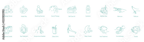 Massage Stone, Herbal Tea, Breathing Exercises, Sound Therapy, Self-Care Kit, Hydration, Bamboo Spa, Manicure, Pedicure, Scented Candles, Spa Treatment, Acupuncture, Detox Drink vector icon set