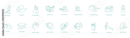 Meditation, Yoga Mat, Aromatherapy, Body Scrub, Reiki Hands, Cupping Therapy, Sound Therapy, Self-Care Kit, Hydration, Foot Spa, Sleep Mask, Mental Health, Hair Treatment, Aromatherapy, Facials icons