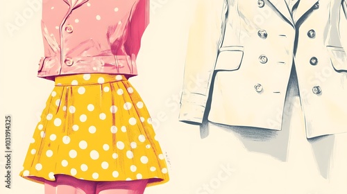Vintage illustration of women's outfits from the 1960s, featuring pink and yellow colors