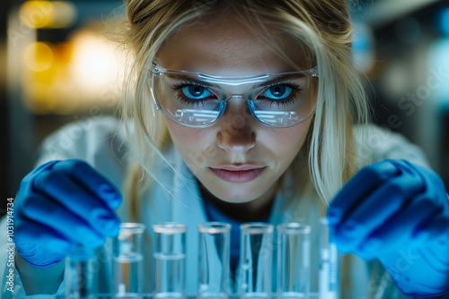 A woman in a lab coat and goggles holding test tubes