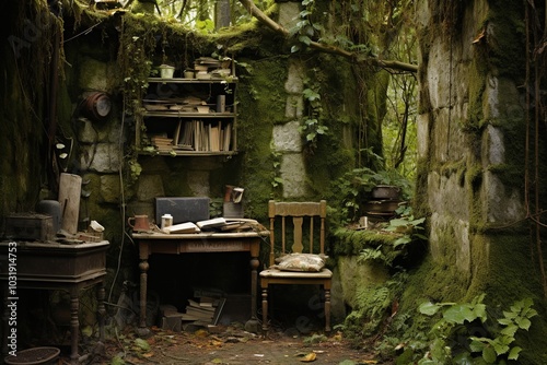 An old, wooden desk and chair sit inside a mossy, stone room in a forest. A bookshelf with books and an antique stove is seen in the background.