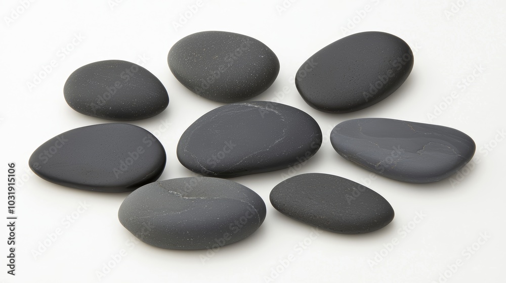 A small cluster of smooth river stones in varying shades of gray, arranged harmoniously on a white surface A small cluster of smooth river stones in varying shades of gray, arranged harmoniously on a white surface