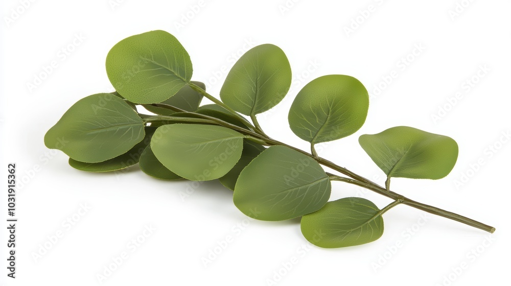 A small sprig of eucalyptus leaves, their pale green color softly contrasting against a white background A small sprig of eucalyptus leaves, their pale green color softly contrasting against a white background