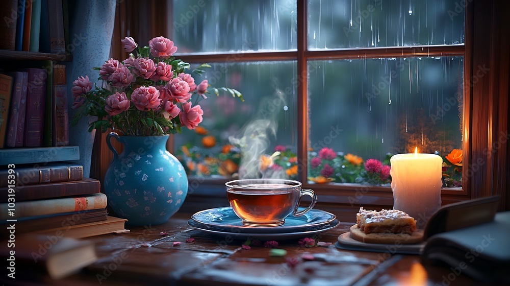 Cozy home scene featuring steaming cup of tea alongside sweet dessert nestled among array of colorful books blue vase filled with flowers with soft candlelight illuminating the space by a rainy window Cozy home scene featuring steaming cup of tea alongside sweet dessert nestled among array of colorful books blue vase filled with flowers with soft candlelight illuminating the space by a rainy window