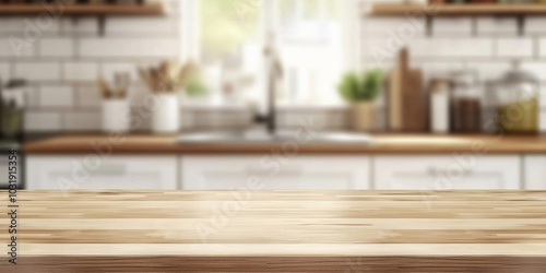 Wooden texture table top on blurred kitchen window background. Studio photo for product display or design key visual layout. For showcase or montage your items.