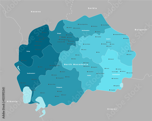 Vector modern illustration. Simplified administrative map of North Macedonia. Border with nearest states Greece, Bulgaria and etc in grey colors. Blue shape of Macedonia. Names of cities and regions