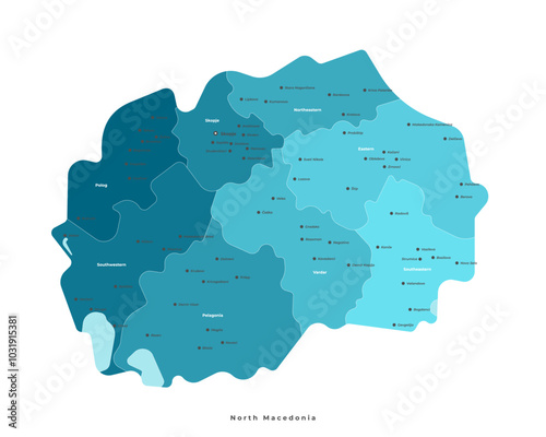 Vector isolated illustration. Simplified administrative map of North Macedonia. White background, blue shape of Macedonia. Names of cities and regions