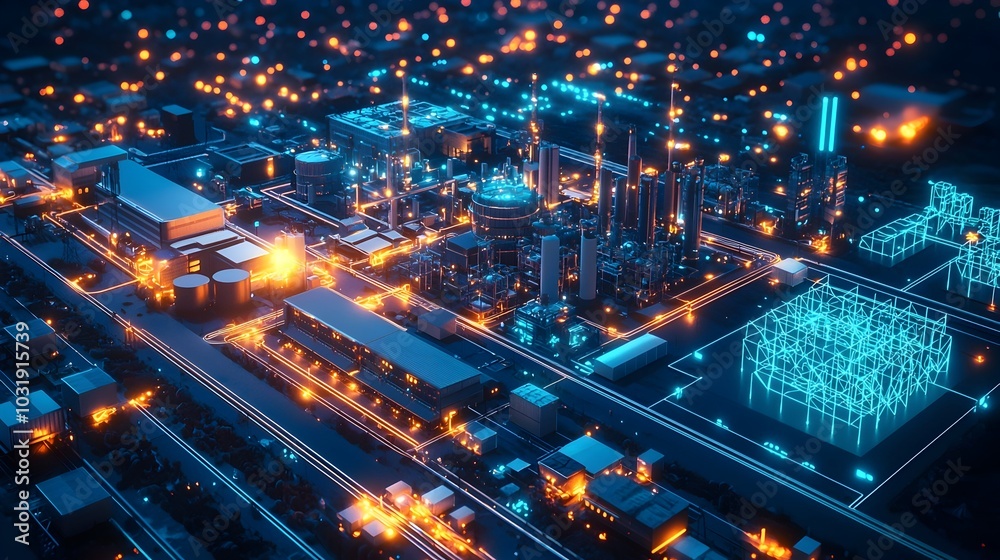 Obraz premium Illuminated Smart Grid System in a High Tech Industrial Park with Optimized Energy Usage and Waste Reduction