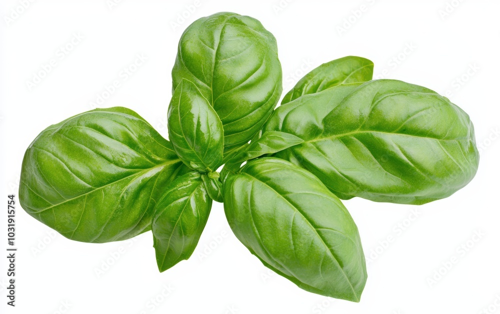 A sprig of fresh basil leaves, rich in green color and texture, isolated on a white background
