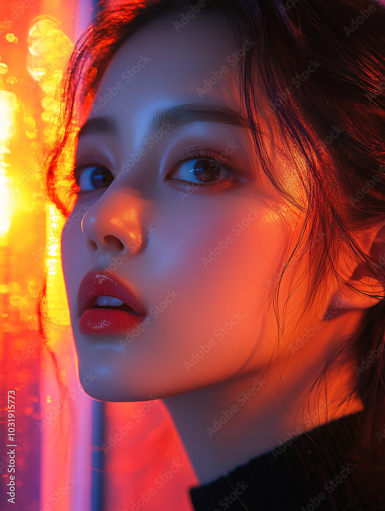 A captivating portrait of a Korean woman with luminous skin and vibrant lighting captured at dusk A captivating portrait of a Korean woman with luminous skin and vibrant lighting captured at dusk