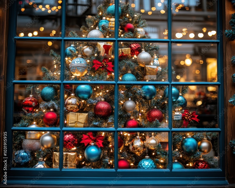 Festive Christmas tree decorated with ornaments and lights through window. Festive Christmas tree decorated with ornaments and lights through window.