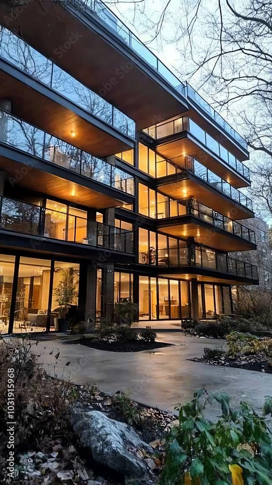 Modern apartment building at dusk with lights Modern apartment building at dusk with lights