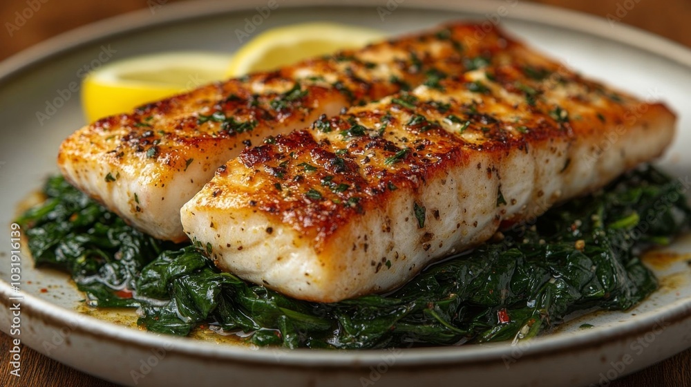 Delicious pan-seared red snapper with spinach. Delicious pan-seared red snapper with spinach.