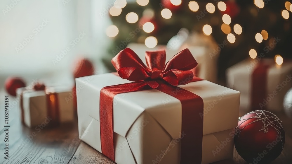 Festive gift box with red ribbon in cozy holiday setting. Festive gift box with red ribbon in cozy holiday setting.