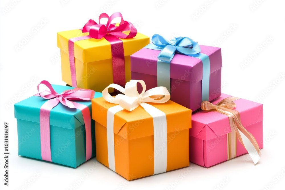 A stack of colorful gift boxes tied with ribbons, symbolizing Black Friday purchases, isolated on a white background A stack of colorful gift boxes tied with ribbons, symbolizing Black Friday purchases, isolated on a white background