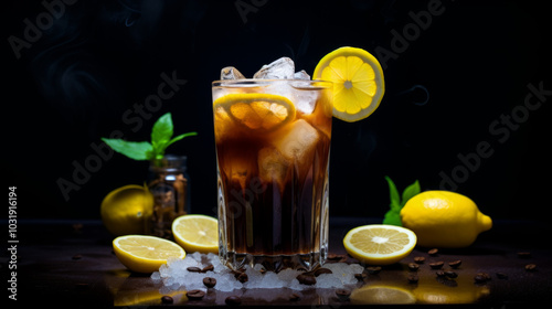 Mazagran coffee stock image, Glass of coffee with ice and lemon