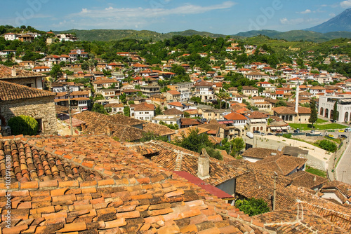 A view over the rooftops of traditional Ottoman houses in the historic Mangalem quarter of Berat in Albania. Berat is UNESCO World Heritage Site listed and is known as City of a Thousand Windows