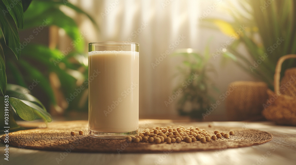 glass of soymilk with soybeans on minimal room background, product glass of soymilk with soybeans on minimal room background, product