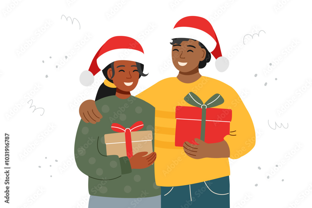 Family Christmas celebration. Man and woman in Santas hats holding gift boxes isolated on white. Christmas card. Family Christmas celebration. Man and woman in Santas hats holding gift boxes isolated on white. Christmas card.
