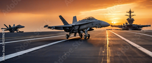 F/a-18e super hornet taxiing on aircraft carrier flight deck at sunset