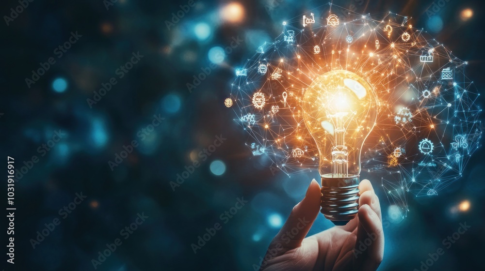 A glowing lightbulb with a network of icons and symbols around it held by a hand. A glowing lightbulb with a network of icons and symbols around it held by a hand.