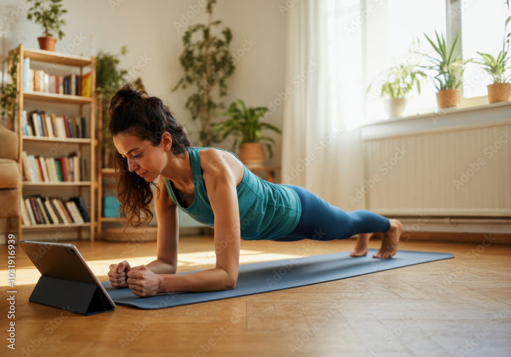 A woman performs a plank exercise at home on a yoga mat while following an online workout video during the day A woman performs a plank exercise at home on a yoga mat while following an online workout video during the day