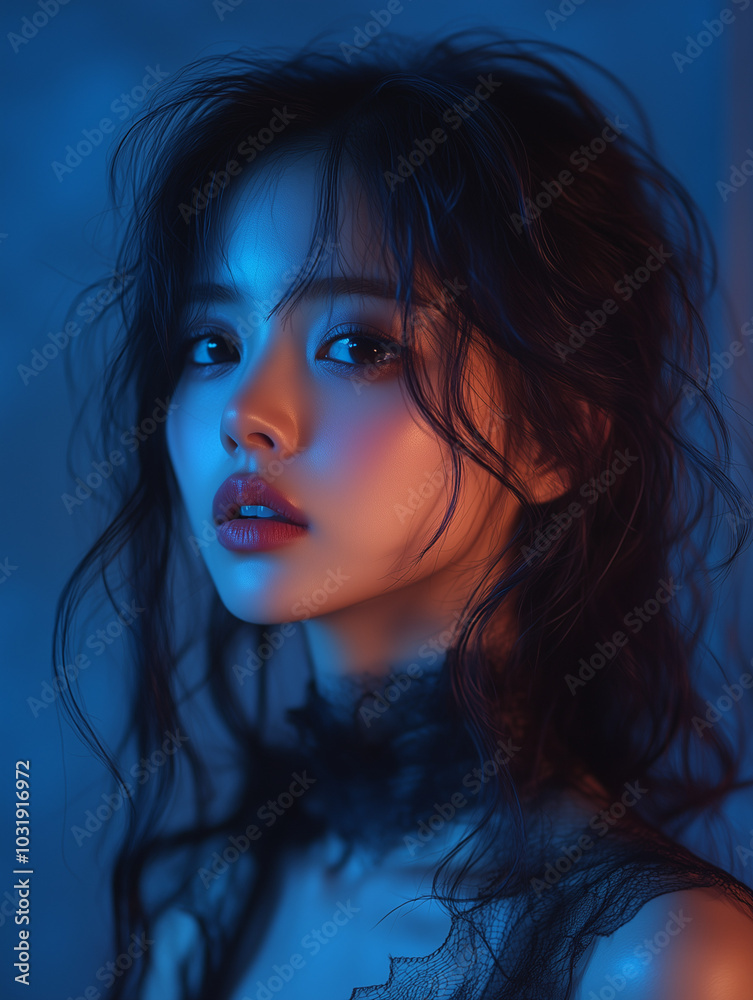 A portrait of a woman with long dark hair illuminated by blue lighting in a moody atmosphere, capturing an elegant and mysterious expression A portrait of a woman with long dark hair illuminated by blue lighting in a moody atmosphere, capturing an elegant and mysterious expression