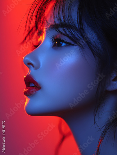 Captivating profile of a Korean woman illuminated by colorful lighting during an artistic photo session