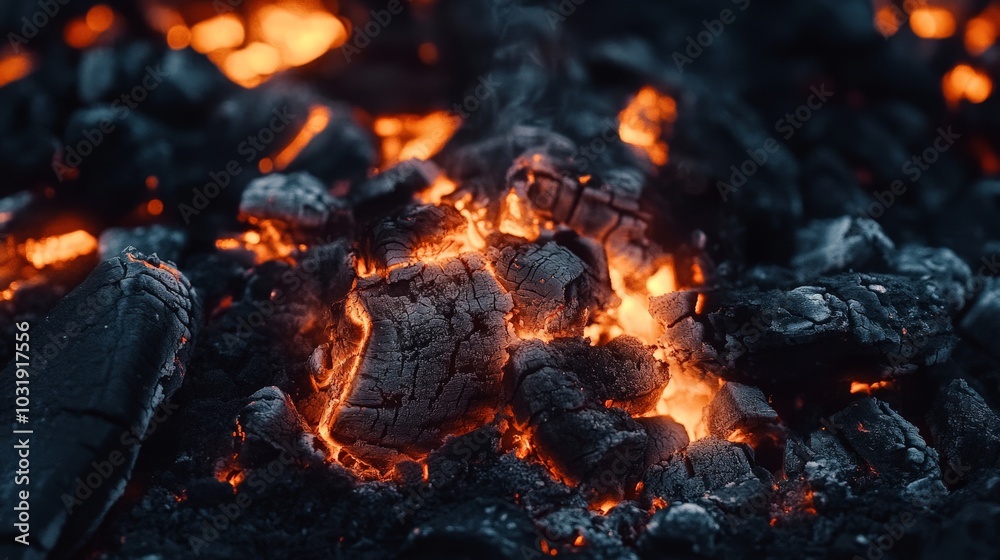 Glowing Embers and Charred Wood in a Dramatic Campfire Scene Glowing Embers and Charred Wood in a Dramatic Campfire Scene