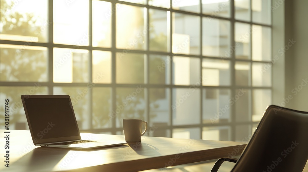 Bright Office Space with Laptop and Coffee Cup Bright Office Space with Laptop and Coffee Cup