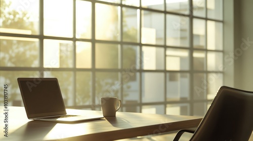 Bright Office Space with Laptop and Coffee Cup