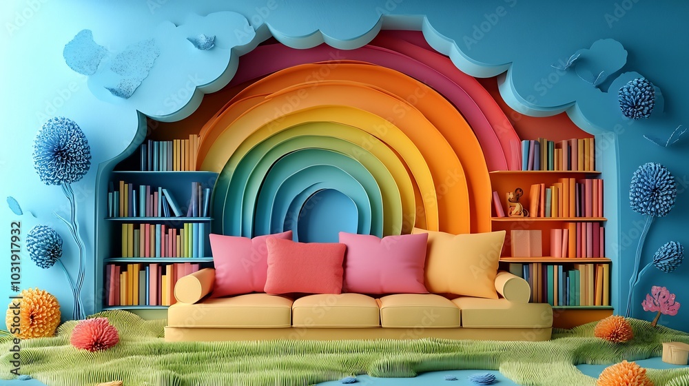 Fototapeta premium Cozy paper cut style library scene with colorful books forming a rainbow on the shelves inviting readers to explore and celebrate education on World Book Day with warmth and creativity