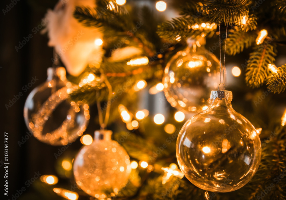 Decorated Christmas tree with sparkling glass ornaments and warm fairy lights in a cozy home setting during the holiday season Decorated Christmas tree with sparkling glass ornaments and warm fairy lights in a cozy home setting during the holiday season