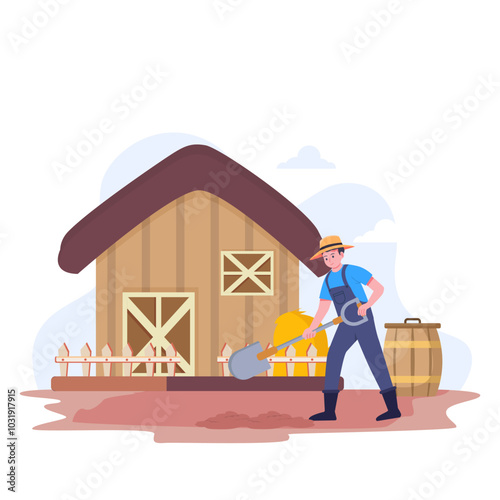 Farm vector concept, Male farmer Hoeing in farm