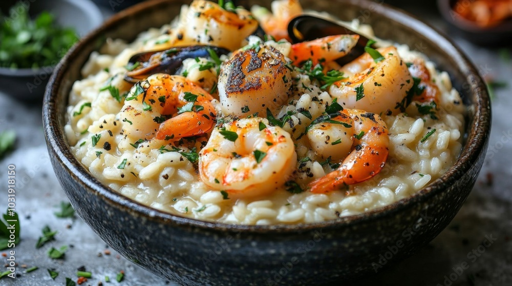 A rich seafood risotto topped with shrimp. A rich seafood risotto topped with shrimp.