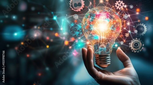 A glowing light bulb with gears and connections surrounding it, held in a hand, representing innovation and ideas.